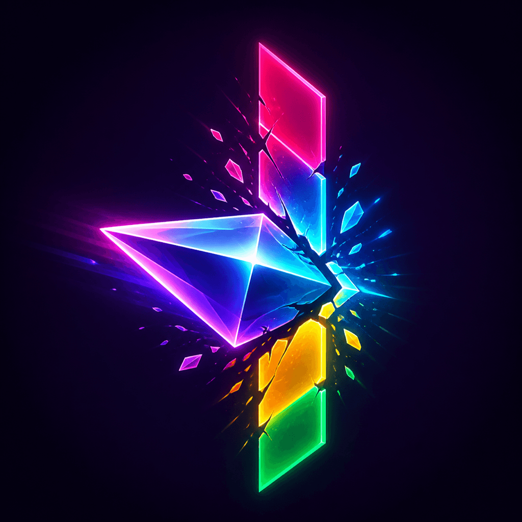 Four neon glass walls shattering around a central prism